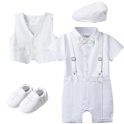 Baby Boys Baptism Outfit Infant Wedding Gentleman Set Christening Formal Birthday Party Suit Suspender Bow Tie Romper