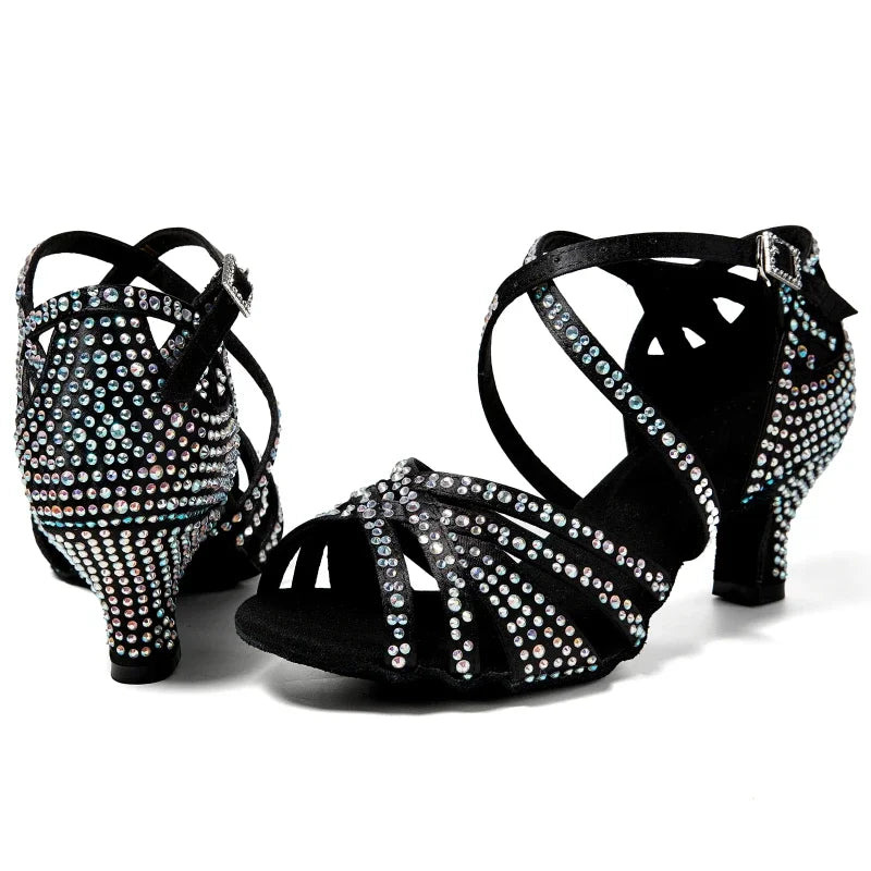 Women Latin Dance Shoes Latin Salsa Girl Dancing Shoes Black Shiny Ballroom Dance Shoes For Girls Ladies