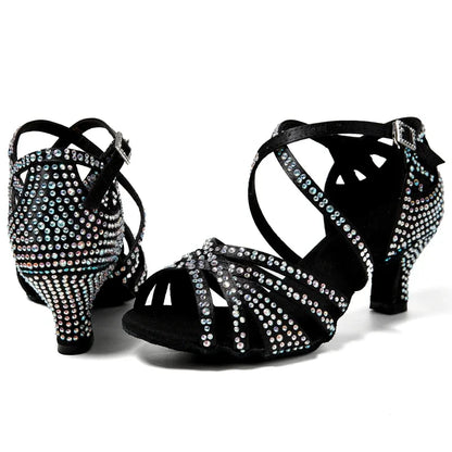 Women Latin Dance Shoes Latin Salsa Girl Dancing Shoes Black Shiny Ballroom Dance Shoes For Girls Ladies