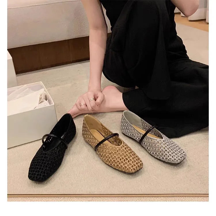 2025 zapatos de Ballet de malla hueca para mujer, sandalias transpirables Mary Jane con cabeza cuadrada, calzado con correa