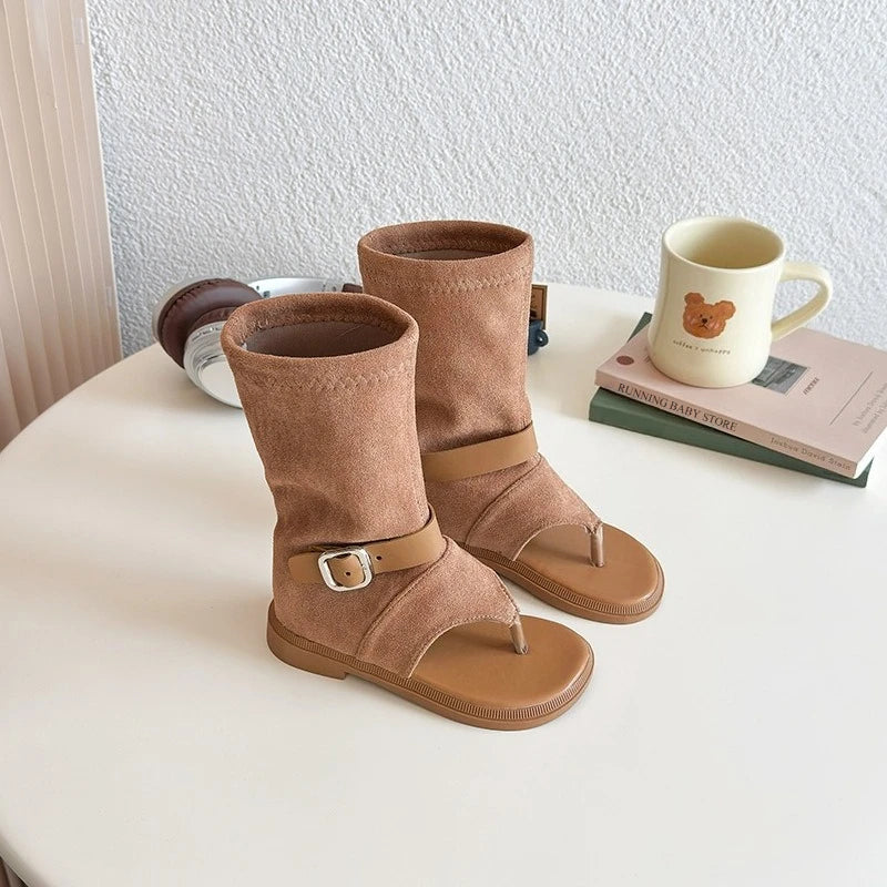 Summer Princess Long Pipe Boots Roman Sandals for Kids Girl Brand Design Ankle Strape Stretch-Satin Flip Flop Girls Shoes I06242