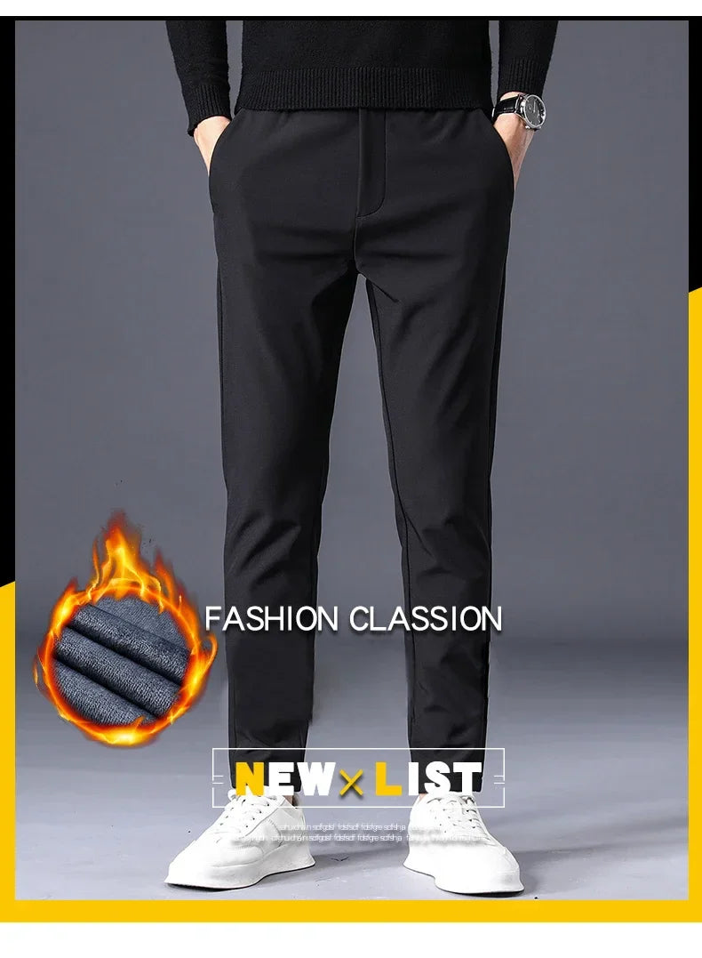 Fleece Pants Thick Men's Winter New Stretch Slim Business Warm Korean Fashion Plush Classic Trousers Male Brand 28-38