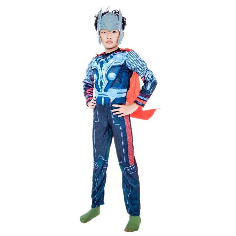 Kids Thor Superhero Cape Costume with Mask Jumpsuit for Halloween Cosplay Party Boys Girls Holiday Dress Up with Plastic Hammer