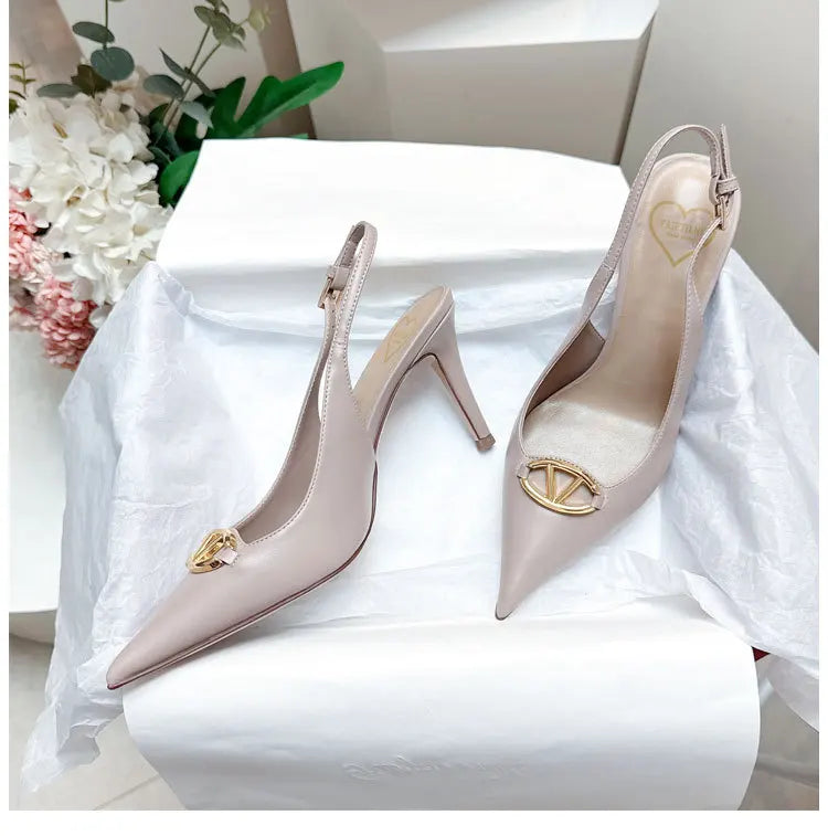 Thin heeled Baotou sandals for women's summer 2026 new style, pointed back strap, metal buckle, versatile high-heeled sandals