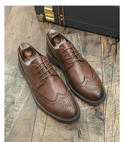 Retro leather shoes - men's brook engraved lace-up British business formal soft-soled fashionable casual trendy shoes