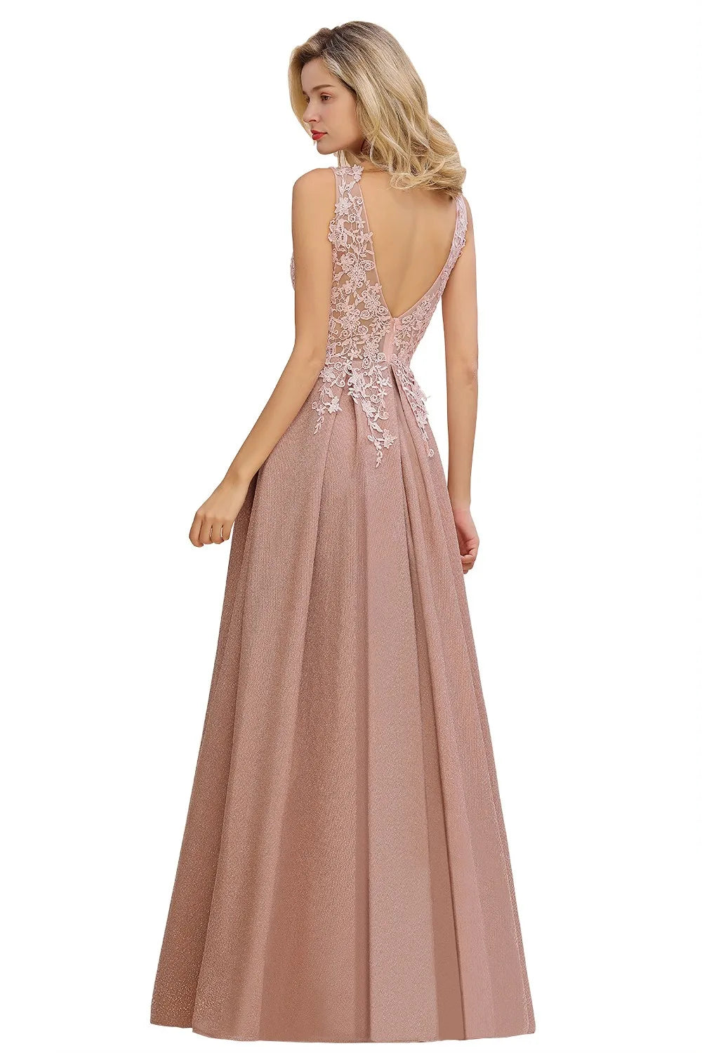Dusty Pink Bridesmaid Dresses Appliques Lace V Neck Illusion Blue Burgundy Silver For Bride Wedding Party Prom Gowns Vestidos