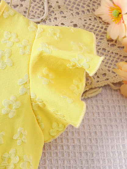Girls' Summer Woven Flutter Sleeve Three-Dimensional Flower Three-Dimensional Butterfly Mesh Waist Bow Back Collar Open Button Casual Mesh Dress Wedding Party Light Dress Beach Holiday Party Princess Dress Gift