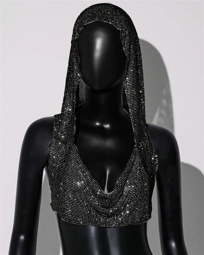 2025 Summer New Rhinestone Hooded Crop Top Sexy Deep V Neck Backless Sleeveless Glitter Tank Top Rave Nightclub Party Camisole