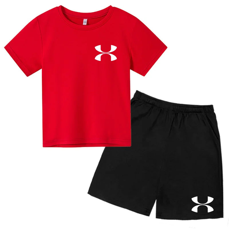 Fashion Two-Piece Casual t-shirt Set Kids  Summer Sports Short-Sleeved Boy Girl 3-13Yrs  T-shirt +Shorts