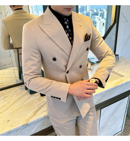 (Jackets+Pants) Luxury Double Breasted Design Slim Fit Suit High Quality Fashion Men's Wedding Social Suit Tuxedo 2 Piece Set