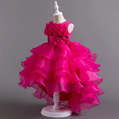 Summer Children's Wedding Flower Girl Tail Organza Elegant Evening Dress Bow Cute Birthday Party Girl Princess Dress