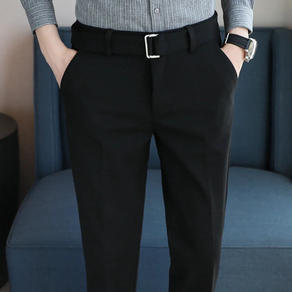 Autumn Winter Men's Slim Fit Suit Pants With Belt Solid Color Smart Casual Youthful Vitality Suit Trousers Men Korean Style Pant