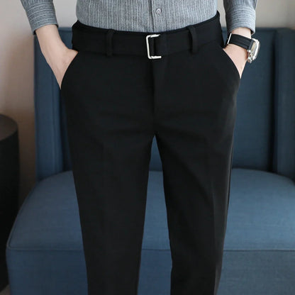 Autumn Winter Men's Slim Fit Suit Pants With Belt Solid Color Smart Casual Youthful Vitality Suit Trousers Men Korean Style Pant