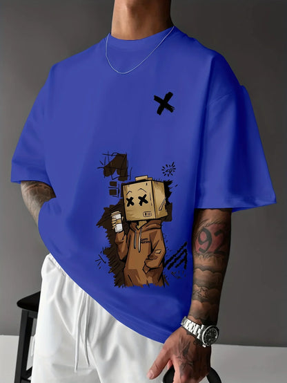 Men's 100% pure cotton fashionable casual sports loose trendy doll graffiti printed round neck short sleeved T-shirt top