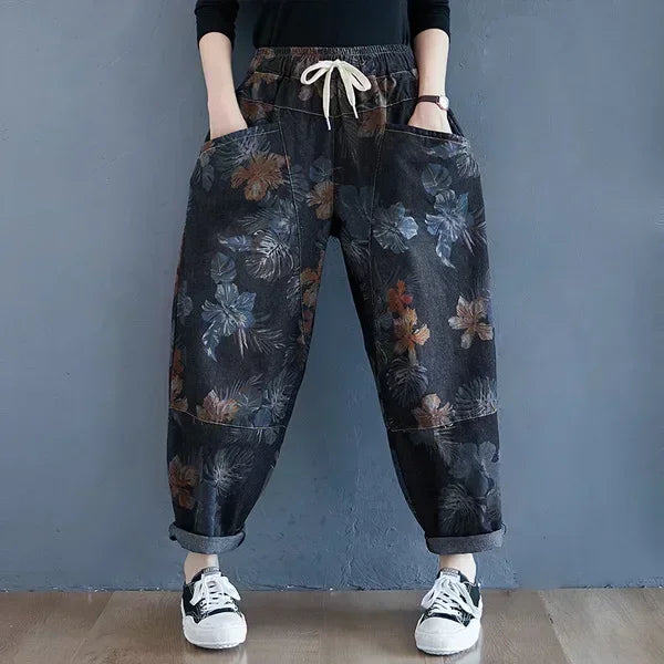 Women Ankle-length Jeans Fashion Harajuku Vintage Print Casual Trouser