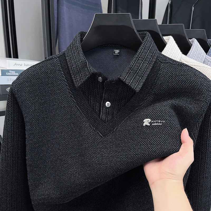 Winter Men's Vacation Two-piece Thick Woolen Sweater with A Warm Collar and Knitted Polo Base for Middle-aged and Elderly People