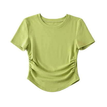 Harajuku Women Crew Neck Short Sleeve Cotton Tee With Ruched Sides Detail T-shirts