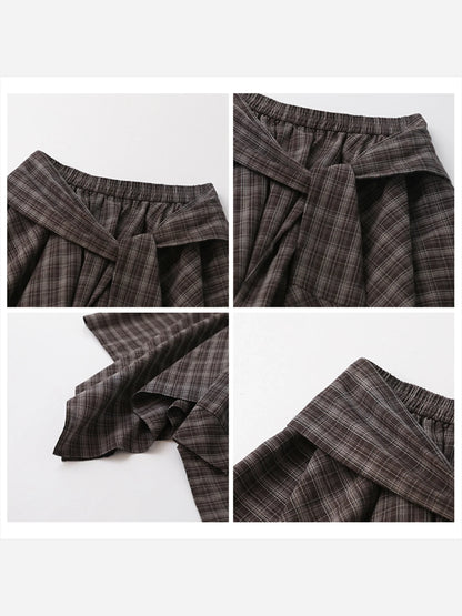 Women Skirts A Line Elastic Waist Strap Ties Irregular Plaid Half Length Skirt Female Short Skirt Woman Summer 2025