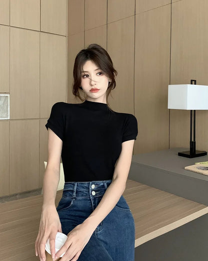 1pcs Girls Summer Solid T-shirts Womens Classic Basic Fashion Tees New Students Short Sleeve Slim Tops Females Mock Neck Tshirts
