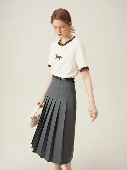 2025 New Arrival Women Zipper Waist Office Lady Elegant Grey Skirt Pleated Design Navy Blue Color Long Skirt Daily Outfits