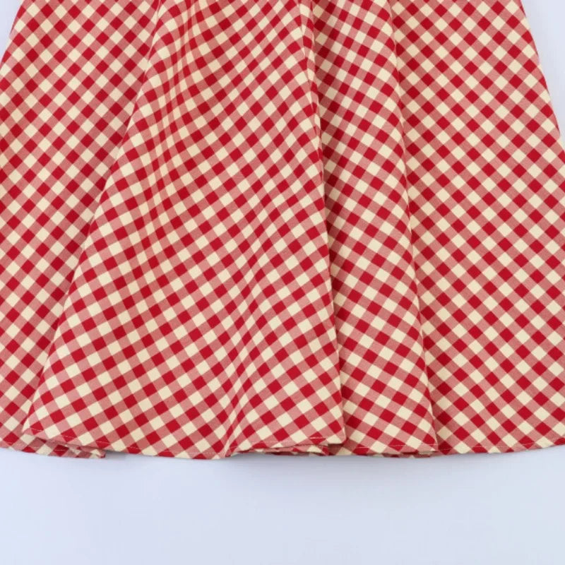 Women's Red Gingham A-Line Midi Skirt – High Waist, Flared Hem, Spring Casual Skirt for Picnic & Outdoor Outings