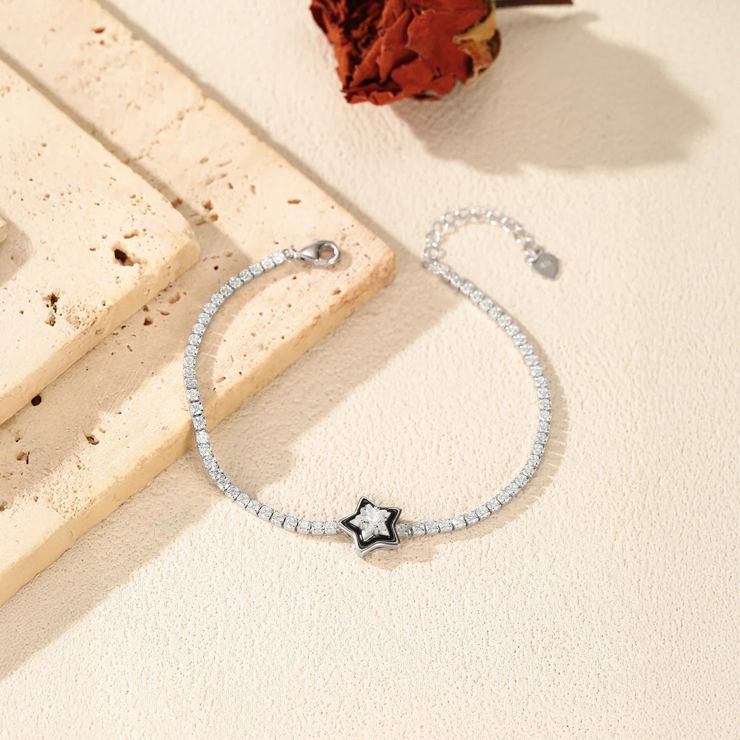 925 Sterling Silver Shinning Stars Zirconia Black Enamel Tennis Bracelets For Women Vacation Fine Jewelry