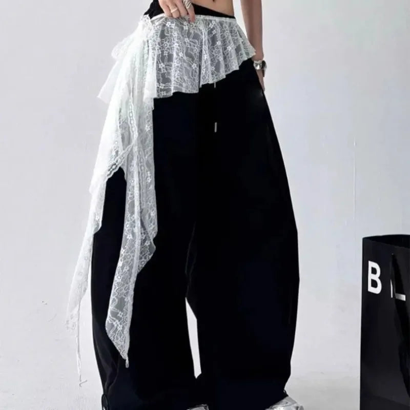 Embroidered Flower Lace Mini Skirt Irregular See Through Ruched Skirts Y2K Streetwear Lace-up Design Butt Curtain