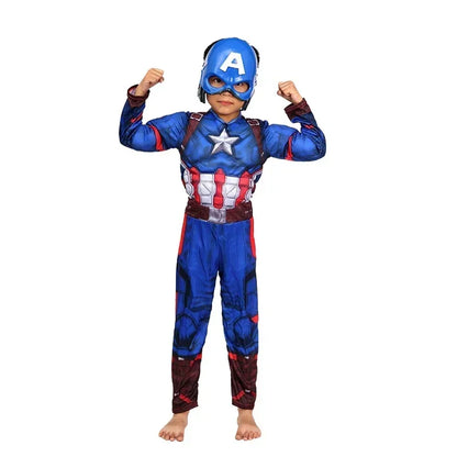 Captain America Muscle Costume Cosplay Superhero Captain America Muscle Jumpsuit Shield Halloween Carnival Party Costume for Kid