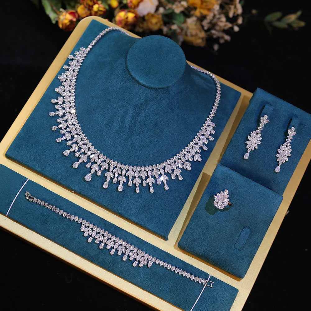Dubai Jewelry Sets Leaf Design Bridal Necklace Earring Set 5A Cubic Zirconia Femme Ladies Wedding Accessories
