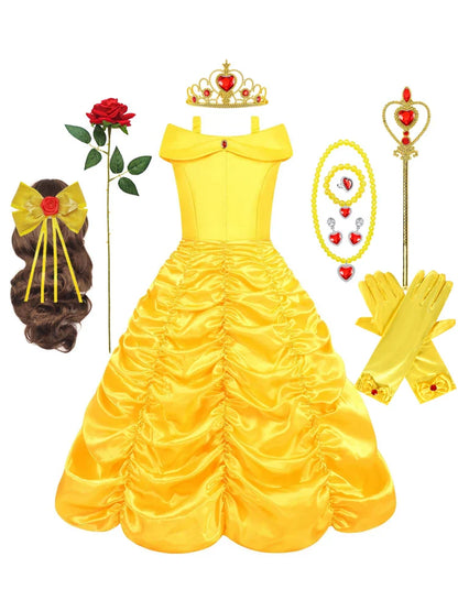 Fantasia Bela Adormecida Menina Vestido Amarelo Halloween A Bela e a Fera Fantasias Festa de Aniversário Meninas Roupas Infantis Vestido de Baile