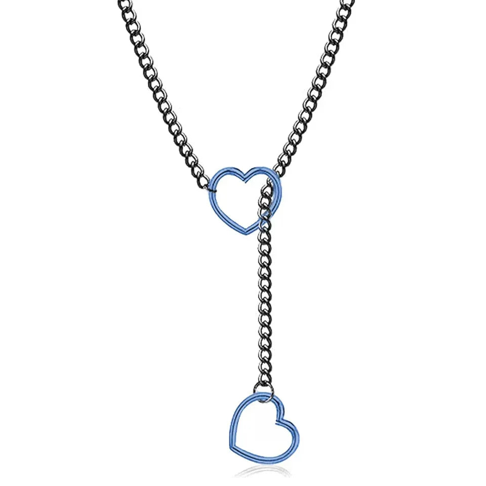 Adjustable Stainless Steel Cuban Link Necklace Hollow Heart Y-Shaped Necklace Punk Rock Style Party Accessories