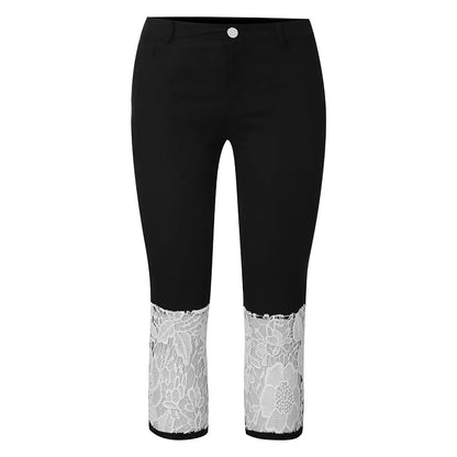 Calça Jeans Feminina Capri Casual com Renda Patchwork Calça Jeans Cropped de Cintura Alta e Caimento Justo Calça Jeans Feminina Streetwear