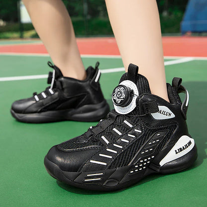 Kids Sneakers Basketball Shoes Boys Spring Fashion Rotating Button Anti-slip Shock Absorption School Students Sports Shoes