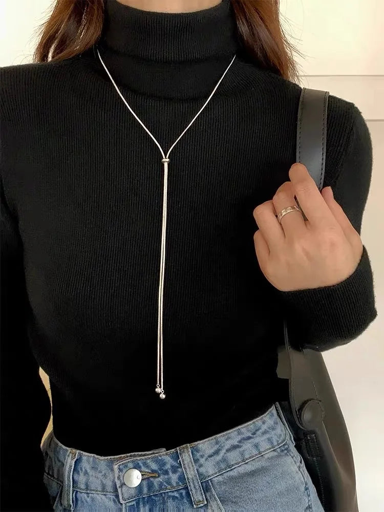 Simple Long Tassel Titanium Steel Sweater Chain Design Necklace