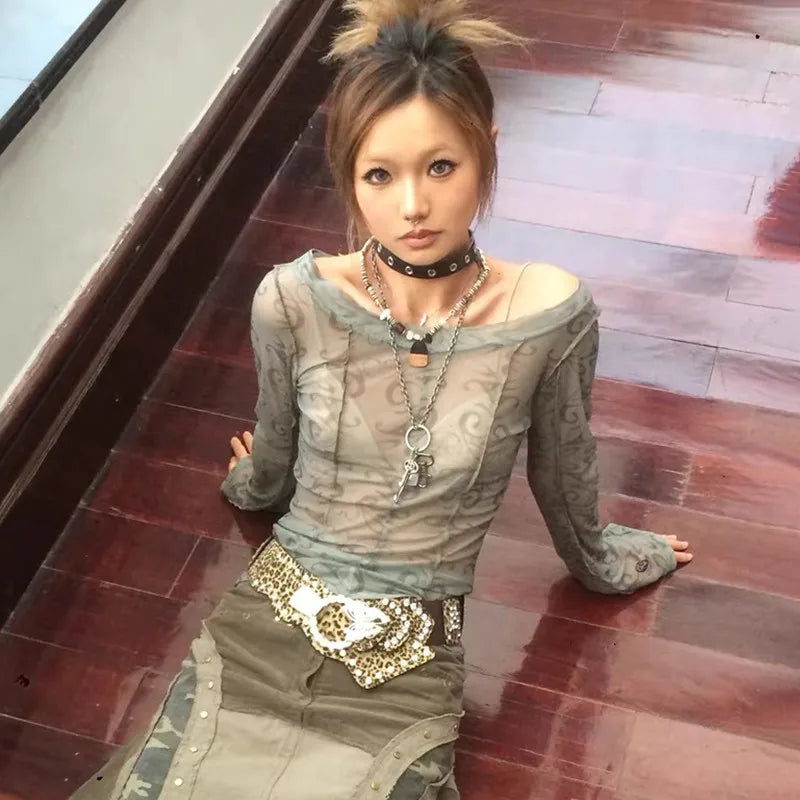 Grunge Aesthetics Mesh Tops Japanese Y2k Sheer Tops Vintage Harajuku See Through Crop Top Korean Fashion Tie Dye T-shirt