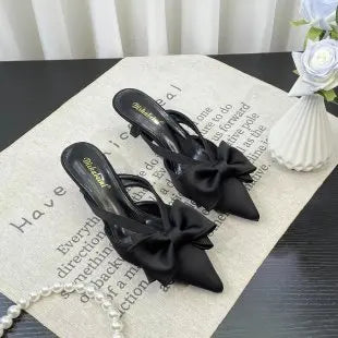Fairy Style Pink Cool Slippers for Women's Summer 2024 French Pointed Bow Hollow High Heels, Half Wrapped Women's Slippers