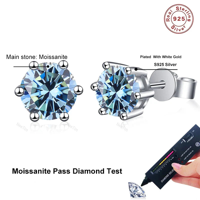 0.5ct 1ct 2ct Moissanite Stud Earrings for Women 925 Sterling Silver Green Pink Black Blue Grey Sparkling Studs Earring