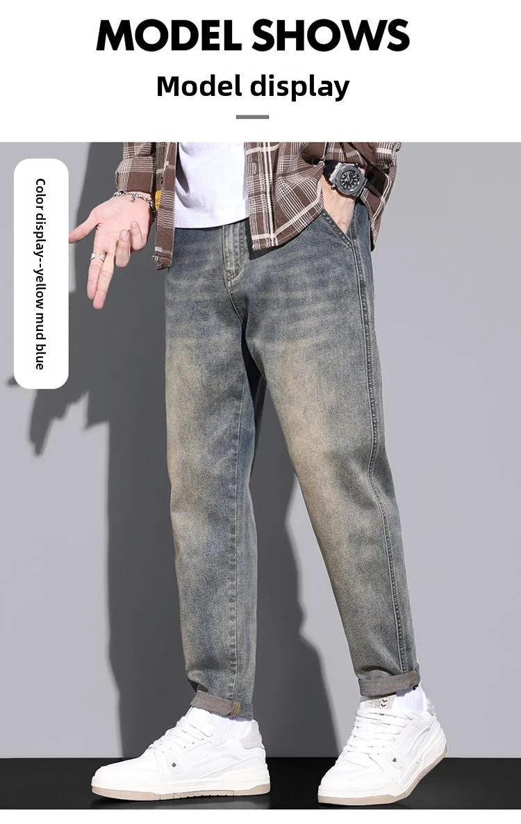 Retro American Style Men's Jeans Loose Fit Heavy Casual Slim Leg Cotton Pants Elastic Waist Korean Denim Jeans for Spring Autumn