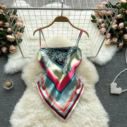 Women Sexy Backless asymmetrical lace-up Camis Print Tank Top Chic One-piece Corset Bustier Summer Beach vacation Crop Top