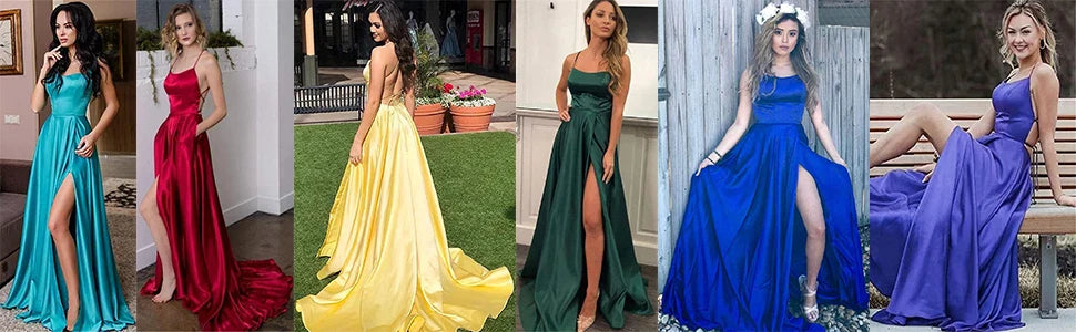 Women Sexy Prom Dresses Lace-Up Spaghetti Straps Backless Sling Evening Dress Satin A-Line High Split Maxi Train Party Gowns