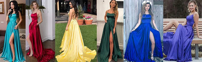 Women Sexy Prom Dresses Lace-Up Spaghetti Straps Backless Sling Evening Dress Satin A-Line High Split Maxi Train Party Gowns