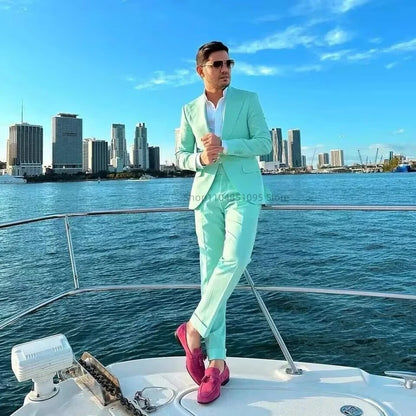 Casual Mint Green Suits for Men Business Work Clothes Office Jacket Pants Suit Wedding Groom Tuxedo Peak Lapel Blazer for Party