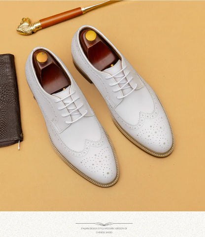 Luxury Men's Dress Shoes Genuine Leather Brogue Wingtip Toe Oxford White Lace-Up Business Wedding Formal Men Shoes