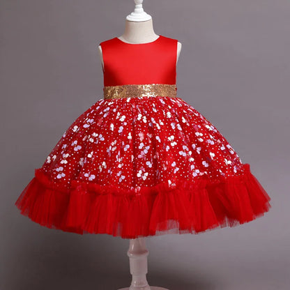 New Baby Kids Girls Elegant Printed Butterfly Flower Princess Party Tutu Dresses Children Sequins Wedding Evening Girl Clothes