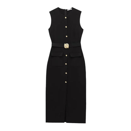 Women's Dress Black Long Dresses Spring Summer 2025 Button Up Sleeveless Sundress Vestidos Elegant Casual Women's Dresses