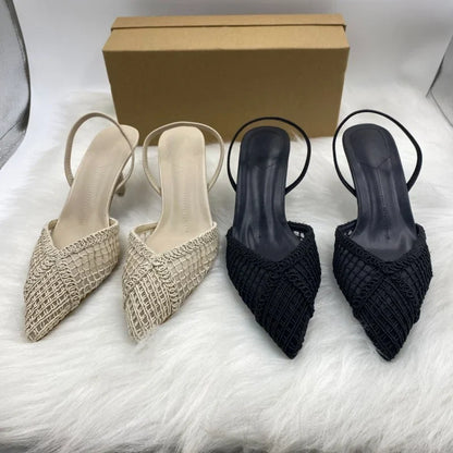 Fashion Black Hollow Mesh Woven Brand Pumps Women Comfort Pointed Toe Shallow High Heel Sandals Elegant Thin Heel Designer Shoes