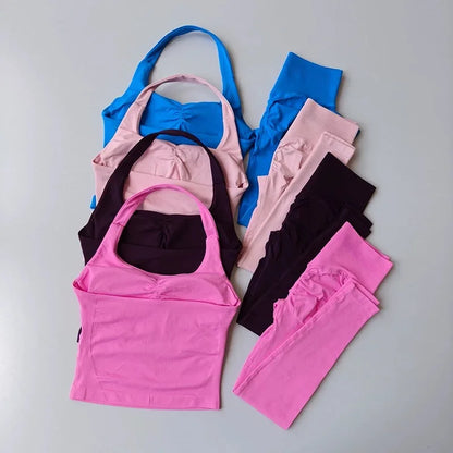Fitness Set, Long Halter Neck Back-Shaping Leggings, High-Waisted Butt-Lifting Breathable Training Pants for Women