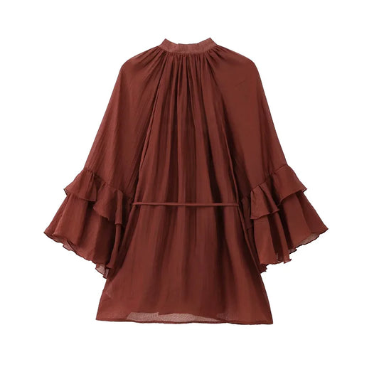 Woman 2025 Dress Ruffle Long Sleeve Mini Dress Summer Tie Fairy Short Dresses For Women Pleated Elegant Party Dresses 088