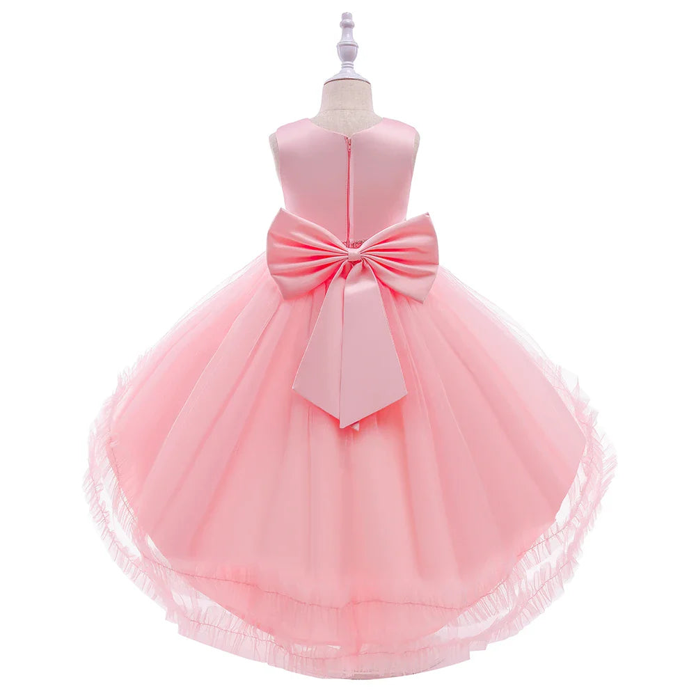 Elegant Trailing Flower Party Girls Dress Summer Wedding Bridesmaid Princess Prom Dress Girl Tull Bow Birthday Evening Ball Gown