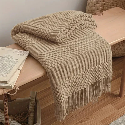 Khaki Gift Knitted Blanket with Tassels Chunky Vintage Luxury Farmhouse Throw Bedspread Oversized Blanket Cover Manta Para Sofá